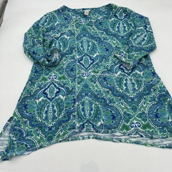 Chico’s Blue Paisley Seam Stitching Detail Size 1 Small asymmetrical - Picture 1 of 5